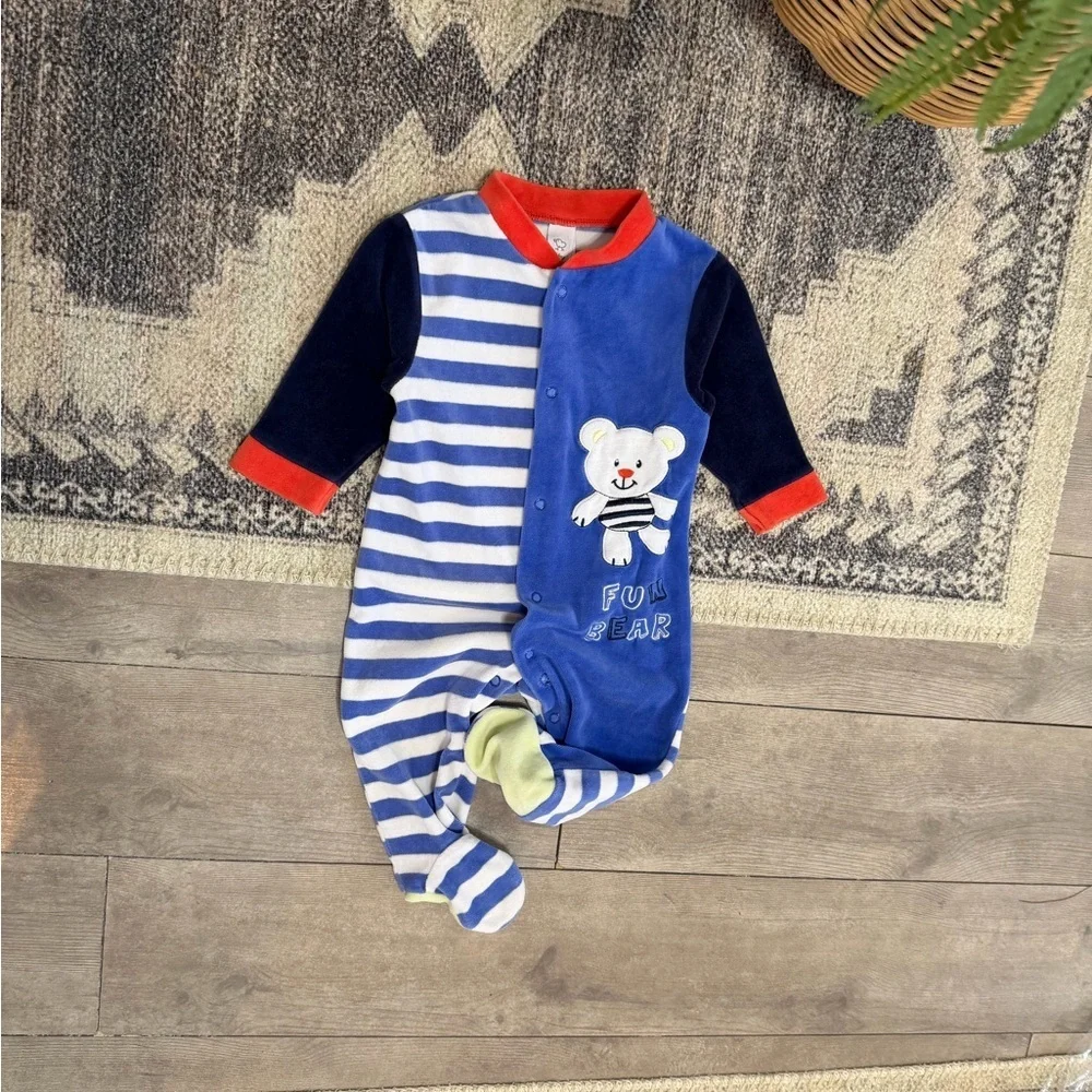 Vintage Baby Boy Color Block Striped Bear Terry Cloth Footies Size 6-9 Months